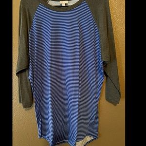 2XL LuLaRoe Randy T Shirt, Blue stripes, gray sleeves